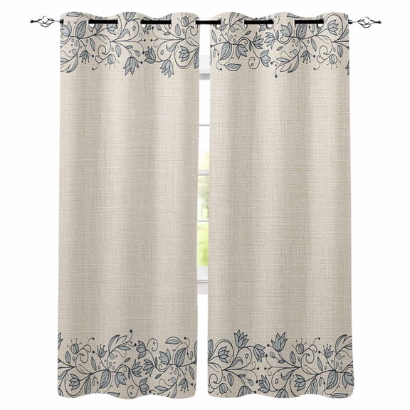 Blue Flower Blackout Curtains for Bedroom Living Room Darkening Curtains 63 Inches Long Spring Farmhouse Country Floral Plant Beige Window Curtain 2 Panels Set Window Treatment Grommet Drapes 52"x63"