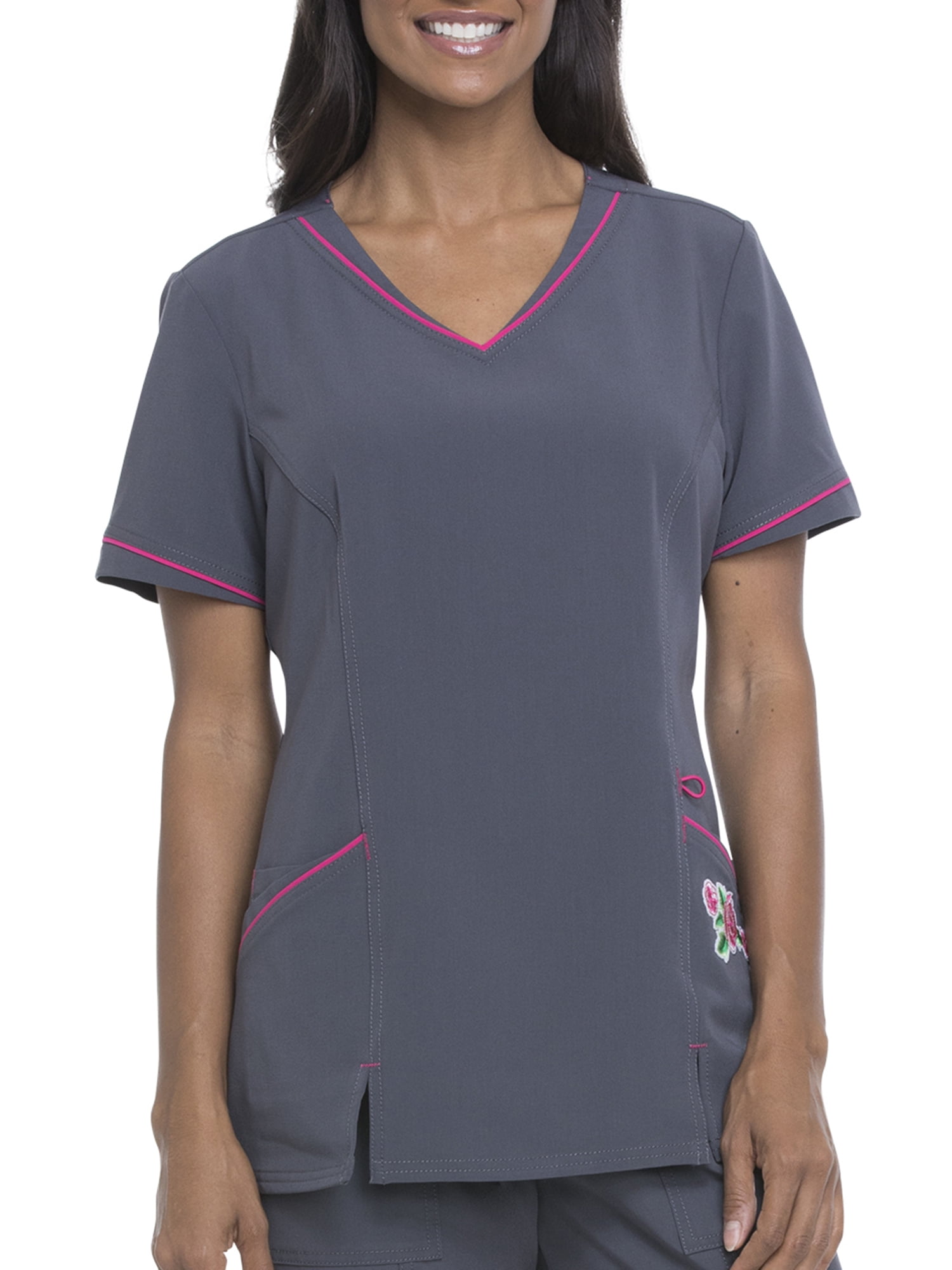 Signature Collection Women's VNeck Scrub Top with Embroidery Accent