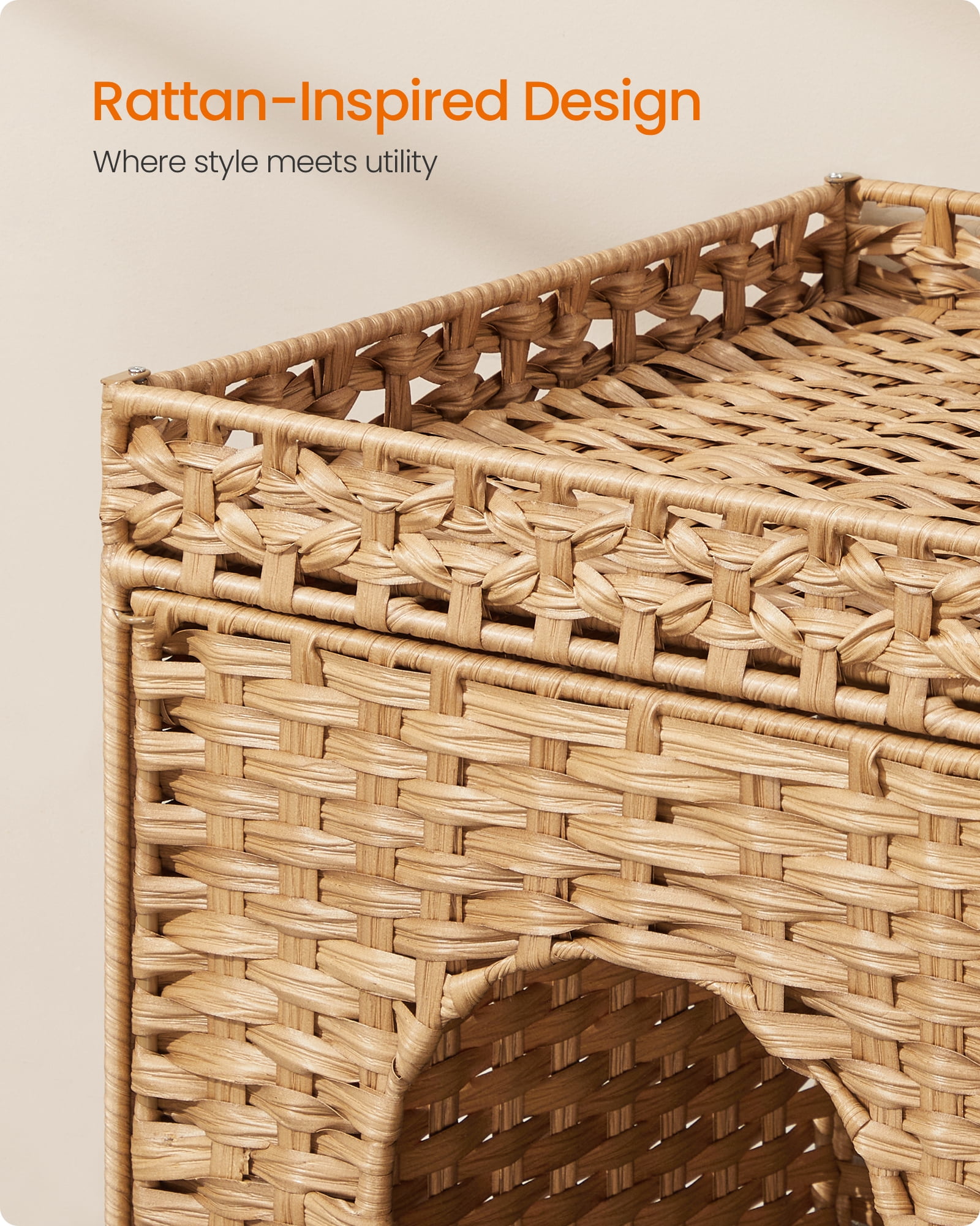 Feandrea Cat Litter Box Enclosure, Handwoven Rattan Hidden Litter Box Furniture with Extra Mat, Removable Washable Tray, Boho Cat House,Goose Yellow