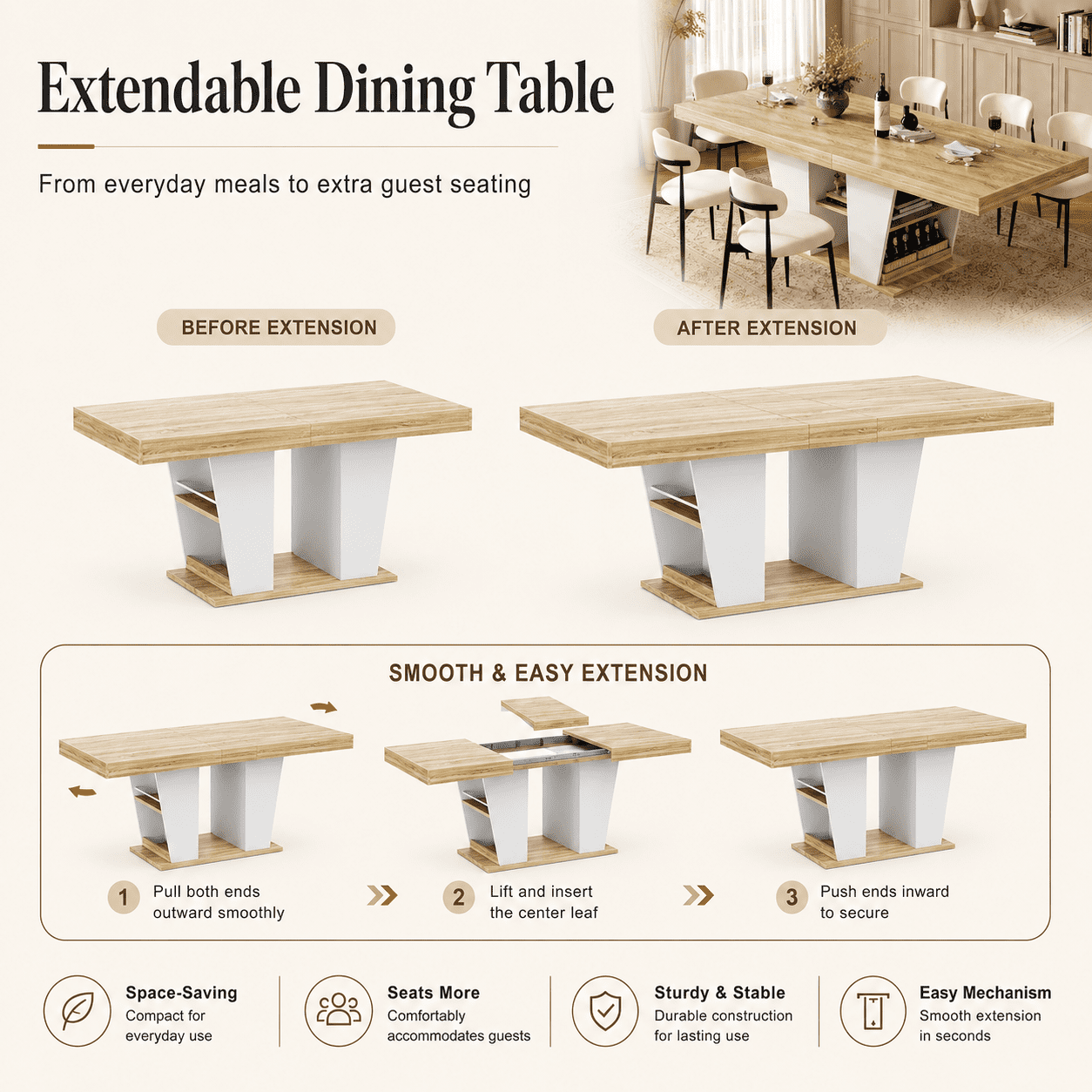 Aukfa 63"-78.7" Extendable Dining Table for 8-10 with Storage, Natural/White