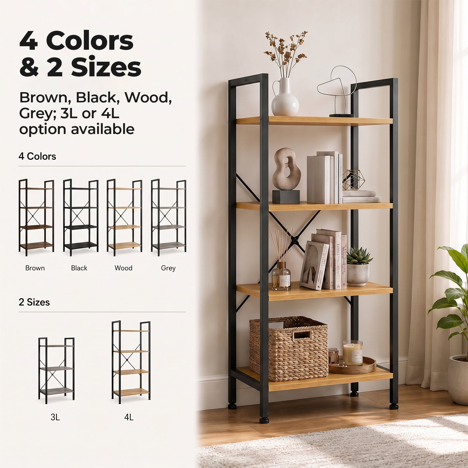 Alvantor 3/4-Tier Industrial Bookshelf, Narrow Storage Rack classical-style shelves for living rooms, homes, and offices