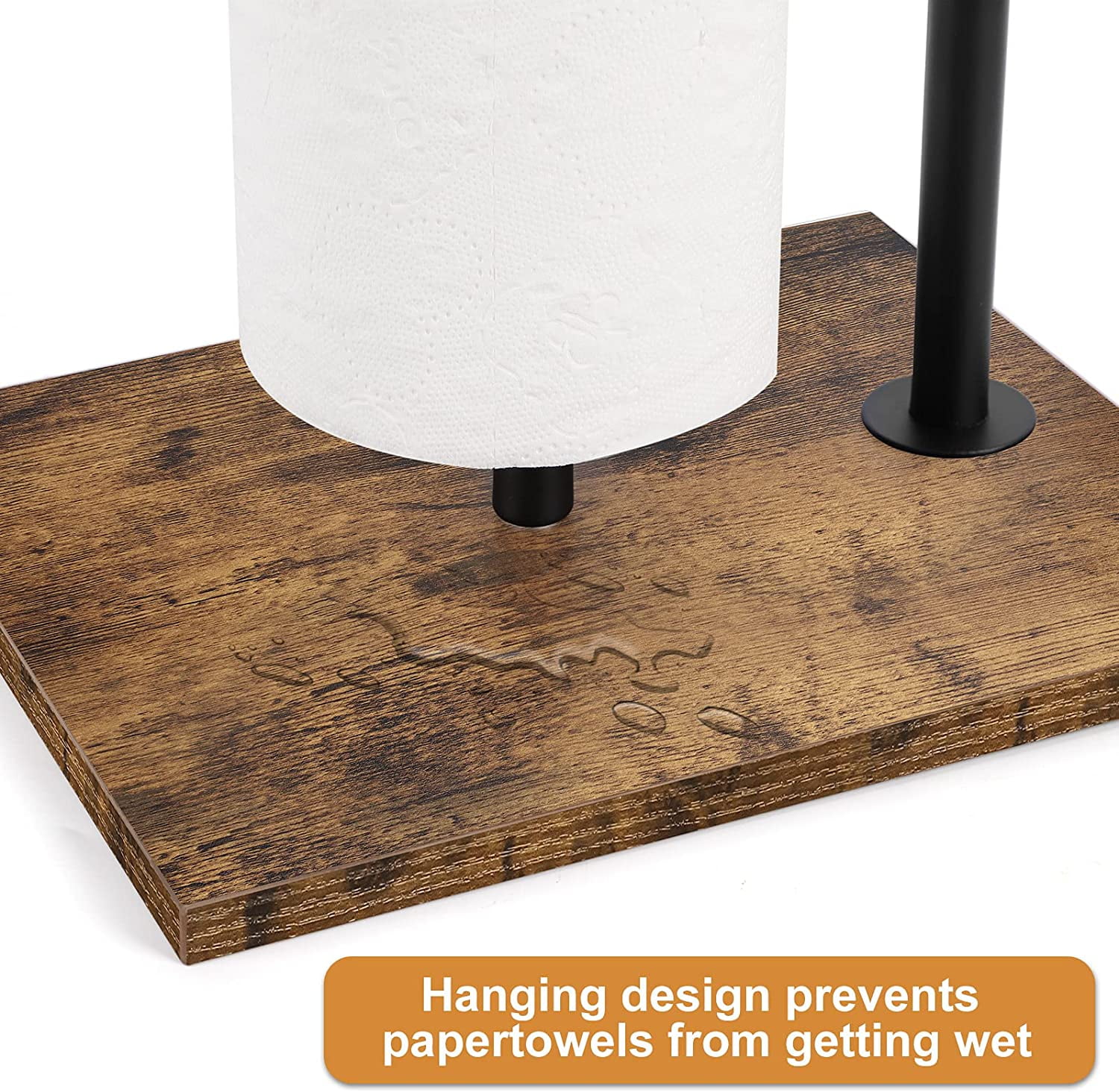 Freestanding Black Toilet Paper Holder Stand with Wood Base and Basket