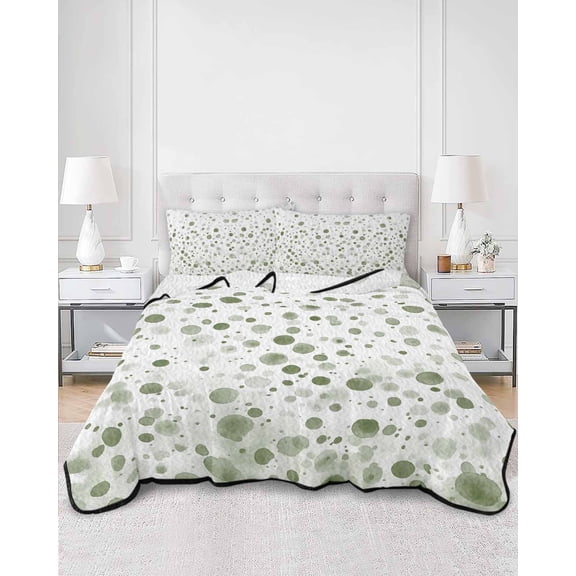 Quilts Full Size, Sage Green Polka Dot Soft Comforter Bedding Set for Bed, Modern Art Abstract Watercolor Dot Lightweight Quilted Bedspread with Pillow Cover(2 Pieces) for All Season, 78x90 Inch