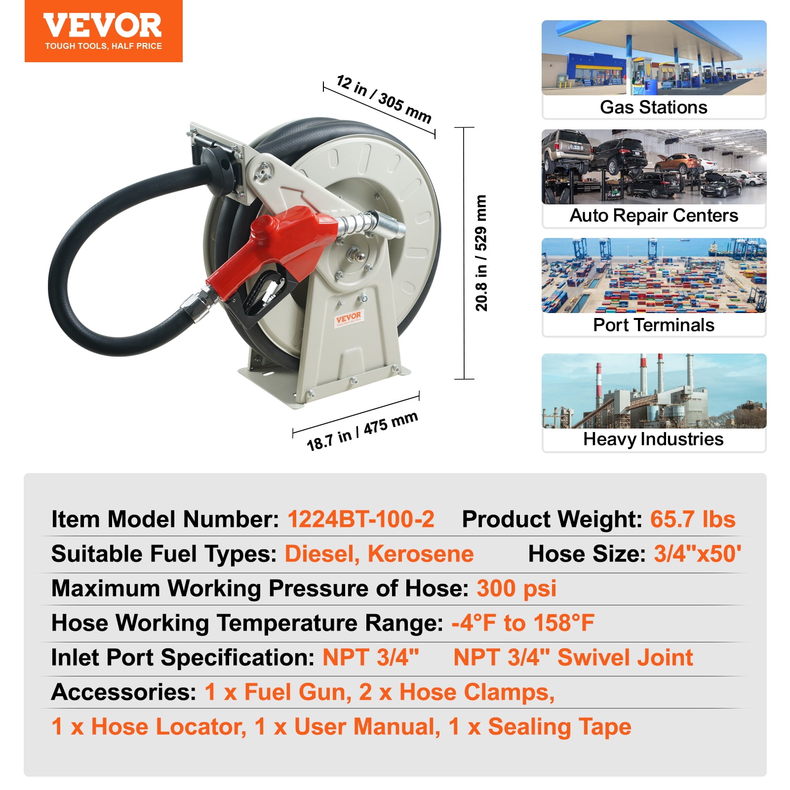 VEVOR Fuel Hose Reel, 3/4" x 50',Extra Long Retractable Diesel Hose Reel, Heavy-Duty Carbon Steel Construction with Automatic Fuel Nozzle,NBR Rubber Hose for Aircraft Ship Vehicle Tank Truck,300PSI