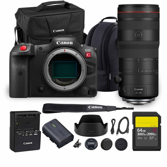 Canon EOS R5 C Mirrorless Cinema Camera 45MP Full Frame 8K RAW Video Dual Pixel AF Hybrid Photography Filmmaking Camera (5077C002)   Canon RF 24-105mm f/2.8 L IS USM Z Lens   64GB Card   Bag