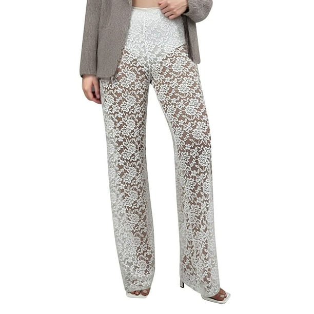 Pantalones de encaje transparentes de cintura alta con parches para mujer - Pantalones anchos de malla transparente para discotecas/raves