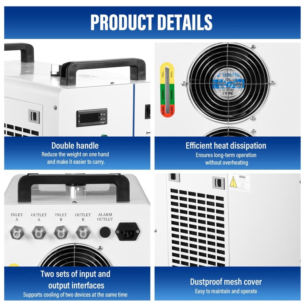 Water Cooling System, Industrial Chiller with 7L Tank, 2 Inlets/Outlets for 80W-180W Laser Engraving Machines, Viewing Window