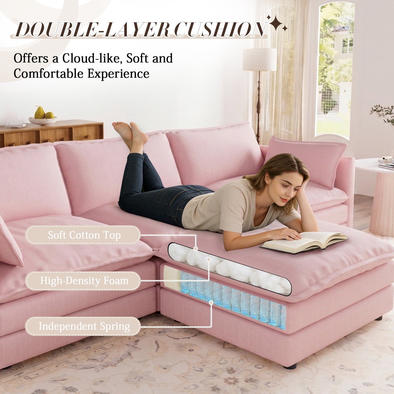 Muumblus Sectional Cloud Couch with Reversible Ottoman, L-Shaped Chenille Sofa for Living Room, Pink