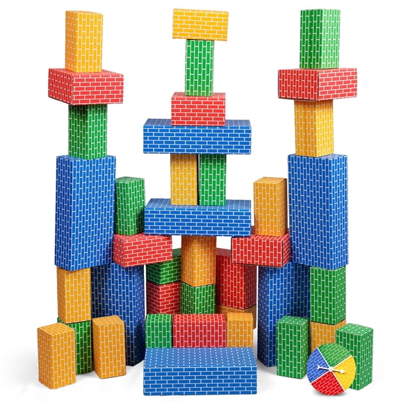 NATIONAL GEOGRAPHIC Kids Jumbo Cardboard Building Blocks – 40 Heavy-Duty Bricks in 3 Sizes, Build & Learn with Game Spinner & Activity Cards fo