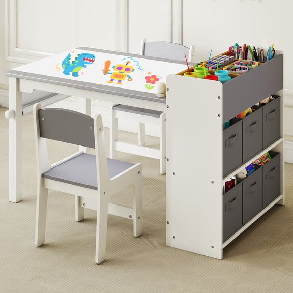 Kids Art Table and Chair Set with Storage Bins & Paper Roll, Toddler Activity Desk for Drawing Play Learning，Gray