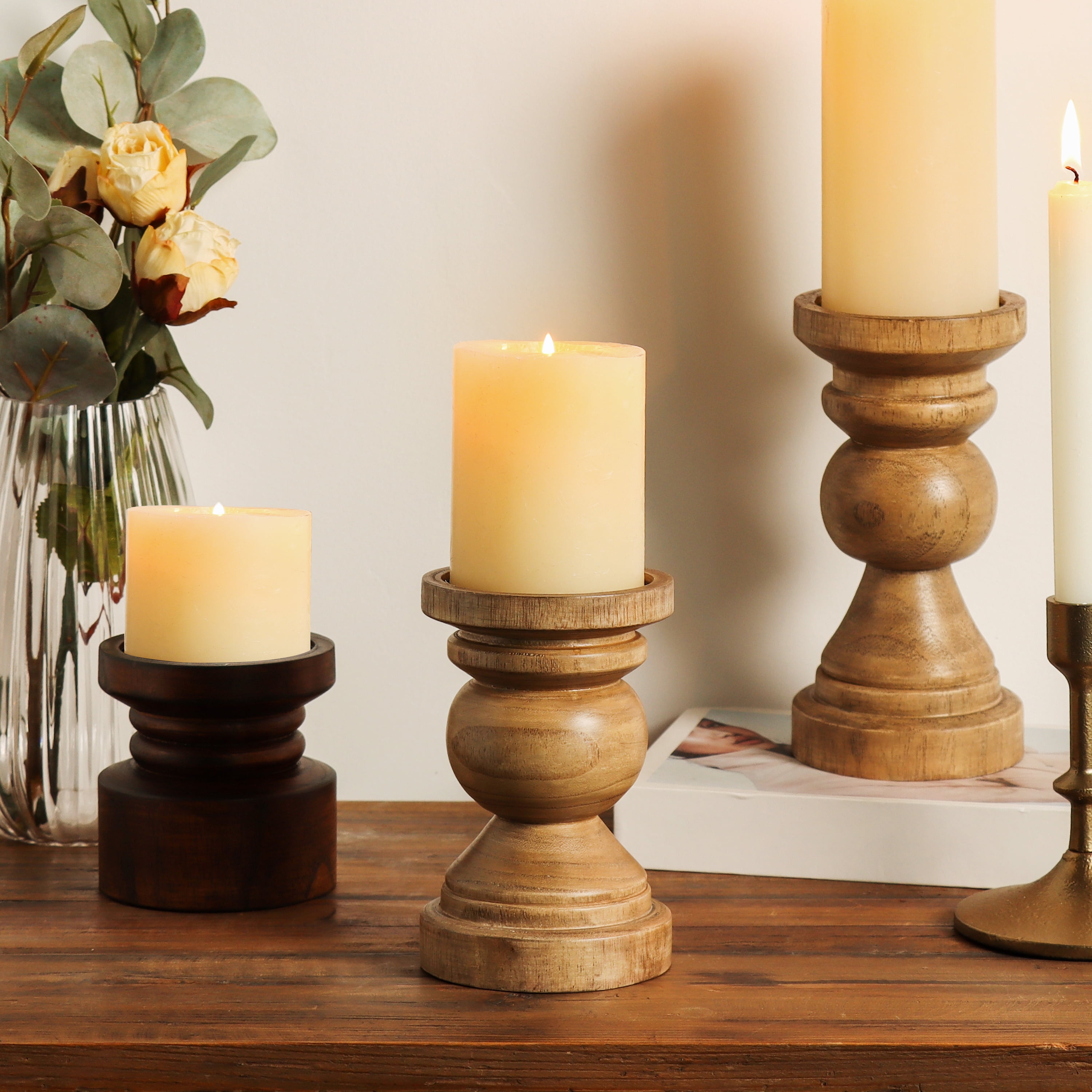(2 pack) Mainstays 6" Decorative Wood Pillar Candle Holder, Natural
