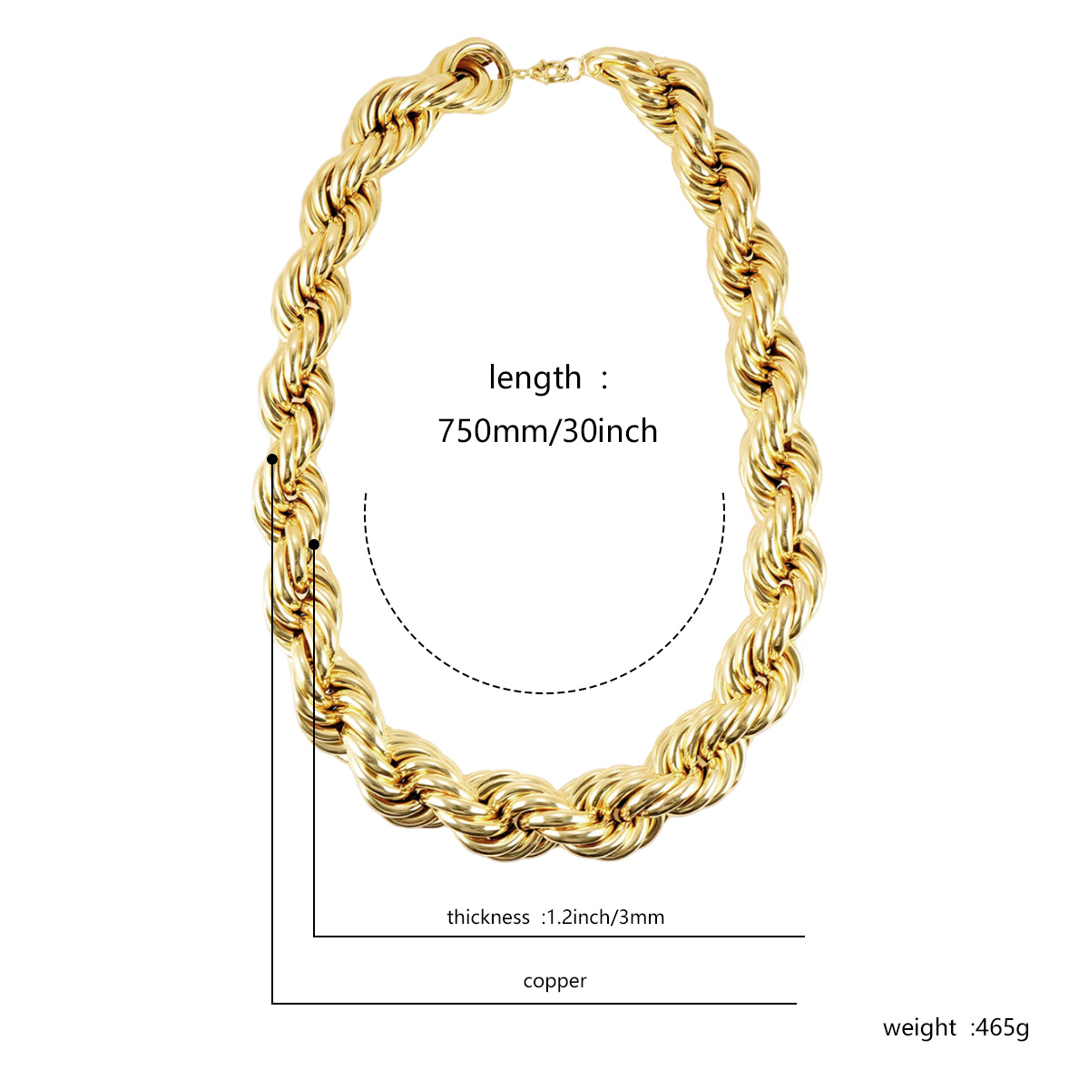 Hip Hop Big Gold Rope Copper Tube Twist Chain Necklace, 30 Inch Heavy Rope Design, 80s/90s Party Vintage Bling Jewelry for Men and Women