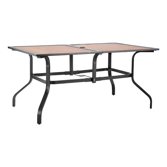 Outdoor Patio Dining Table 59 inch, Rectangular Steel Slat Table for 4-6, Umbrella Hole, All-Weather Backyard Bistro Furniture, Brown