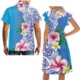 thumbnail image 3 of Yuyamidu Matching Vacation Outfits for Couples Polynesian Mens Summer Shirts Hawaiian Dresses for Women Luau Party Hibiscus Flower Shirt Aloha Shirt Men and Women Matching Outfits Blue, 3 of 6