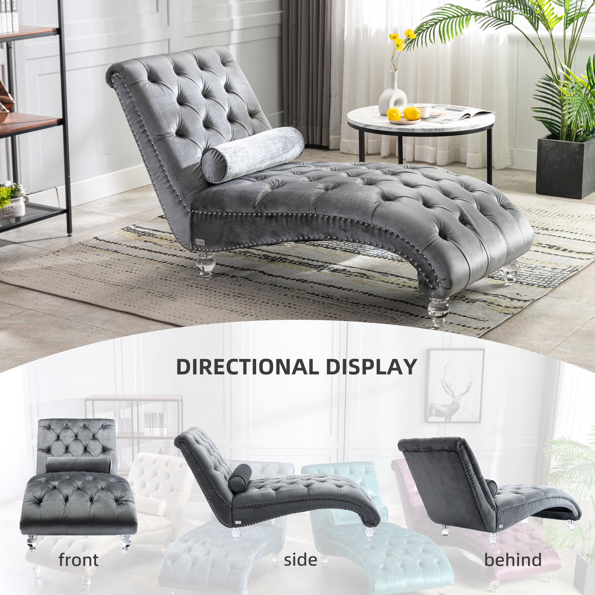 MOONMISS Velvet Chaise Lounge Chair Button Tufted Upholstered with Pillow Indoor