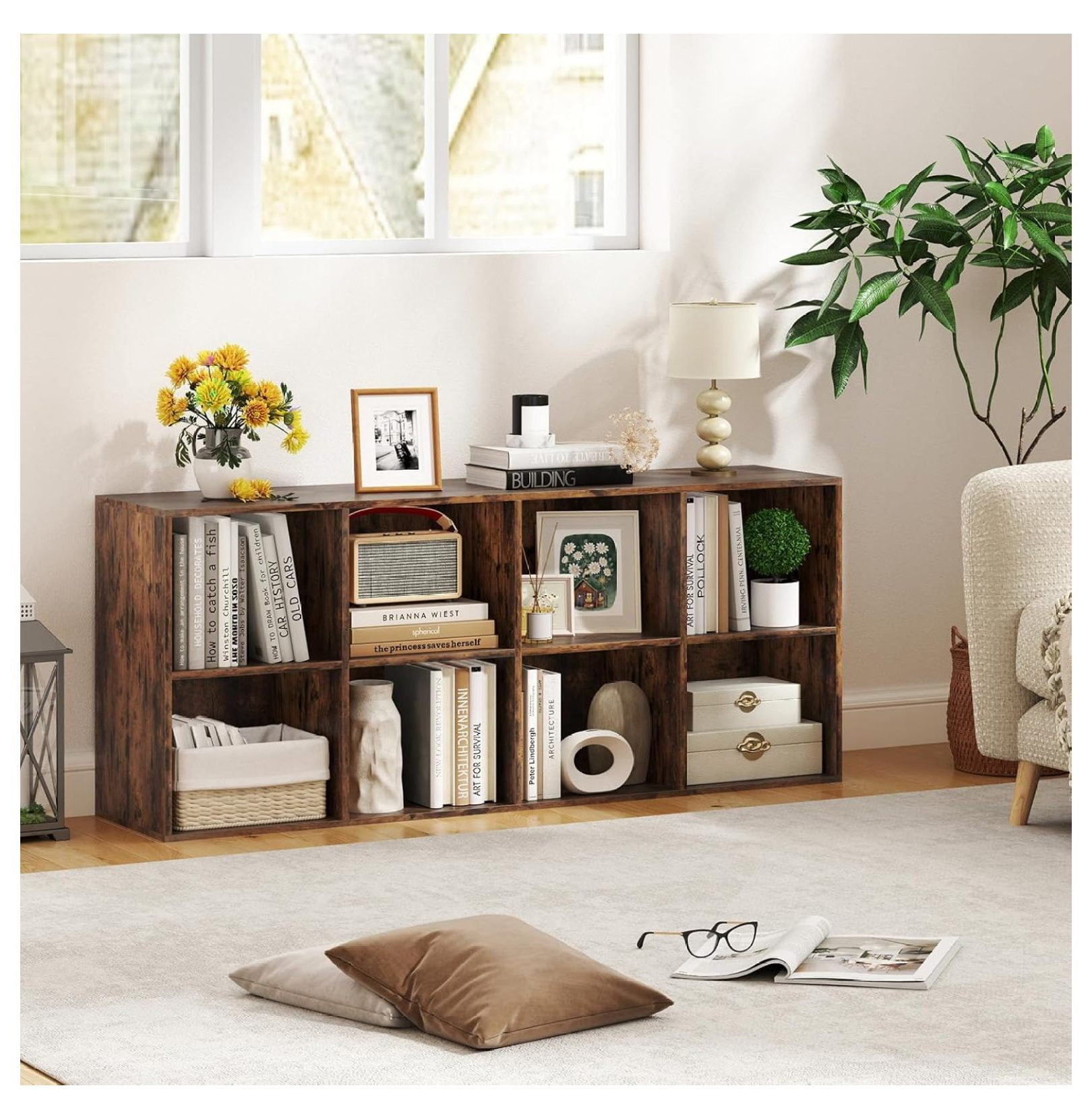 WDZS 8-Cube Bookcase, Floor Standing Bookshelf with Storage & 2 Anti-Tipping Kits, Open Storage Organizer, Cubby Wooden Book Shelf for Living Room, Study & Bedroom, Rustic Brown