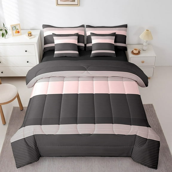 Erosebridal Black Stripes Bedding Sets Twin Size,Geometric Lines Comforter Sets with Sheets,Geometric Theme Bed in a Bag Twin size,Ultra Soft Abstract Room Decor,Reversible,7pcs