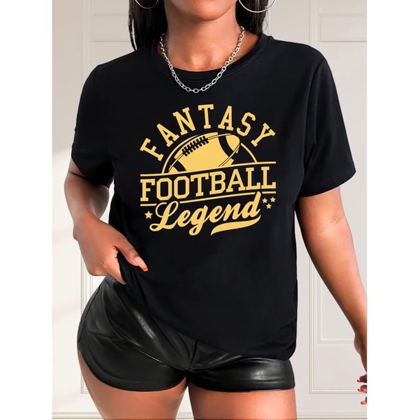 Fantasy Football Legend" Women's Casual Black T-Shirt with Yellow & White Graphics - Soft Polyester, Round Neck, Short Sleeve, Machine Washable - Perfect for Spring/Summer/Fall