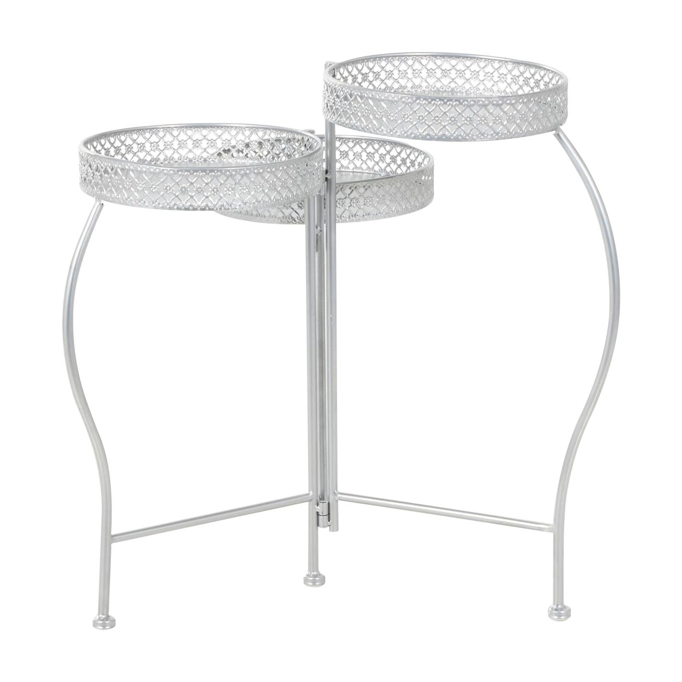 DecMode 17" x 17" x 20" 3 Tier Silver Metal Curved Folding Plantstand with Floral and Scroll Patterns
