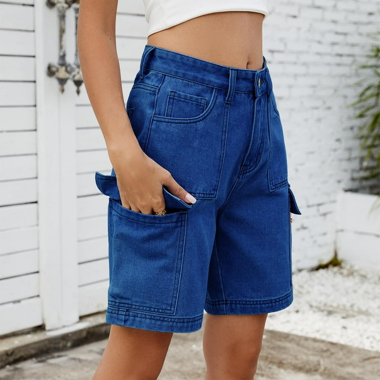 Royal Blue Women Loose Fit Pants Shorts Jeans for Women Faux Denim