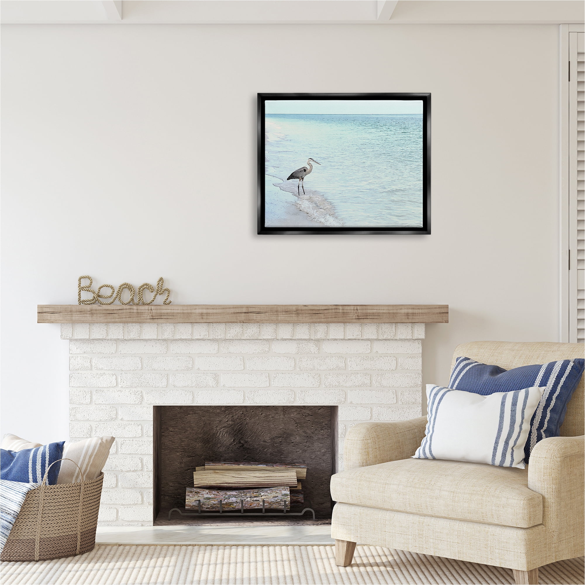 Stupell Industries Heron on Coastline Landscape Photography Black Floater Framed Canvas Art Print Wall Art, 31 x 25