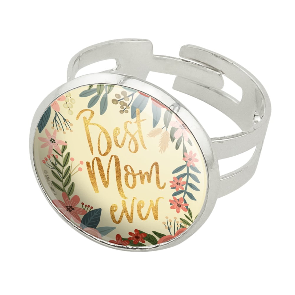 Best Mom Ever Pretty Flowers Mother's Day Silver Plated Adjustable