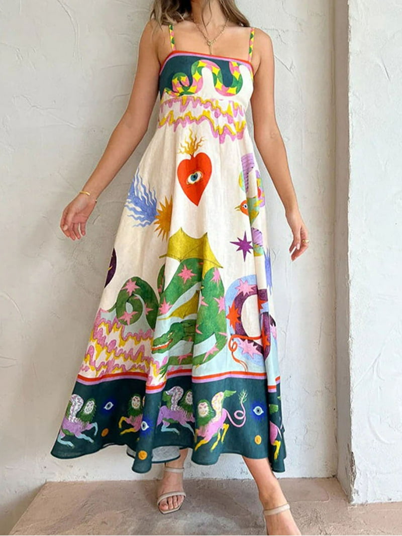 Hirigin Women Boho Graffiti Cami Long Dress Graphic