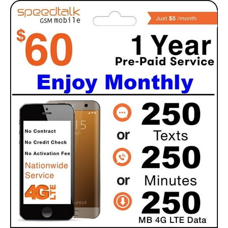 1 Year Prepaid GSM SIM Card - Monthly 250 Talk Or 250 Text Or 250MB Data Txt No Contract 12 Months