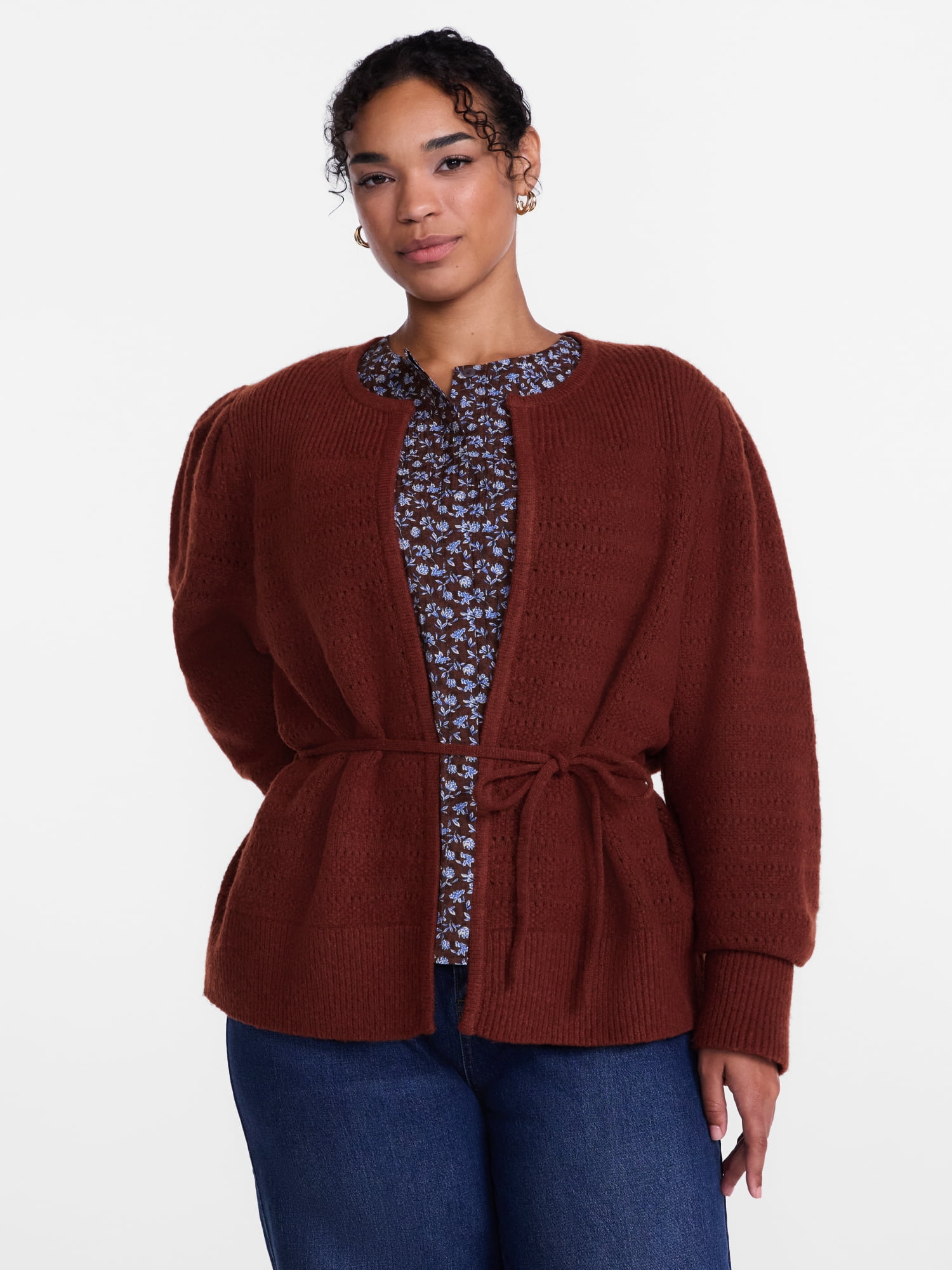 Scenario Women's and Women's Plus Open Tie Cardigan Lightweight Sweater with Long Sleeves, Sizes XS-4X