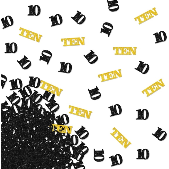 120pcs Number 10 Confetti, Happy 10th Birthday Confetti, Black 10 Paper Confetti, Gold Gliter Ten Cut Out, 10th Anniversary Party Table Decoration
