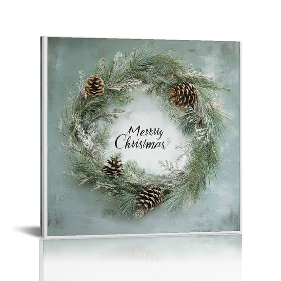 NIJIANKEHAN Merry Christmas Pine Wreath Gallery Wrapped Canvas Wall Art, 16x16 12x12in