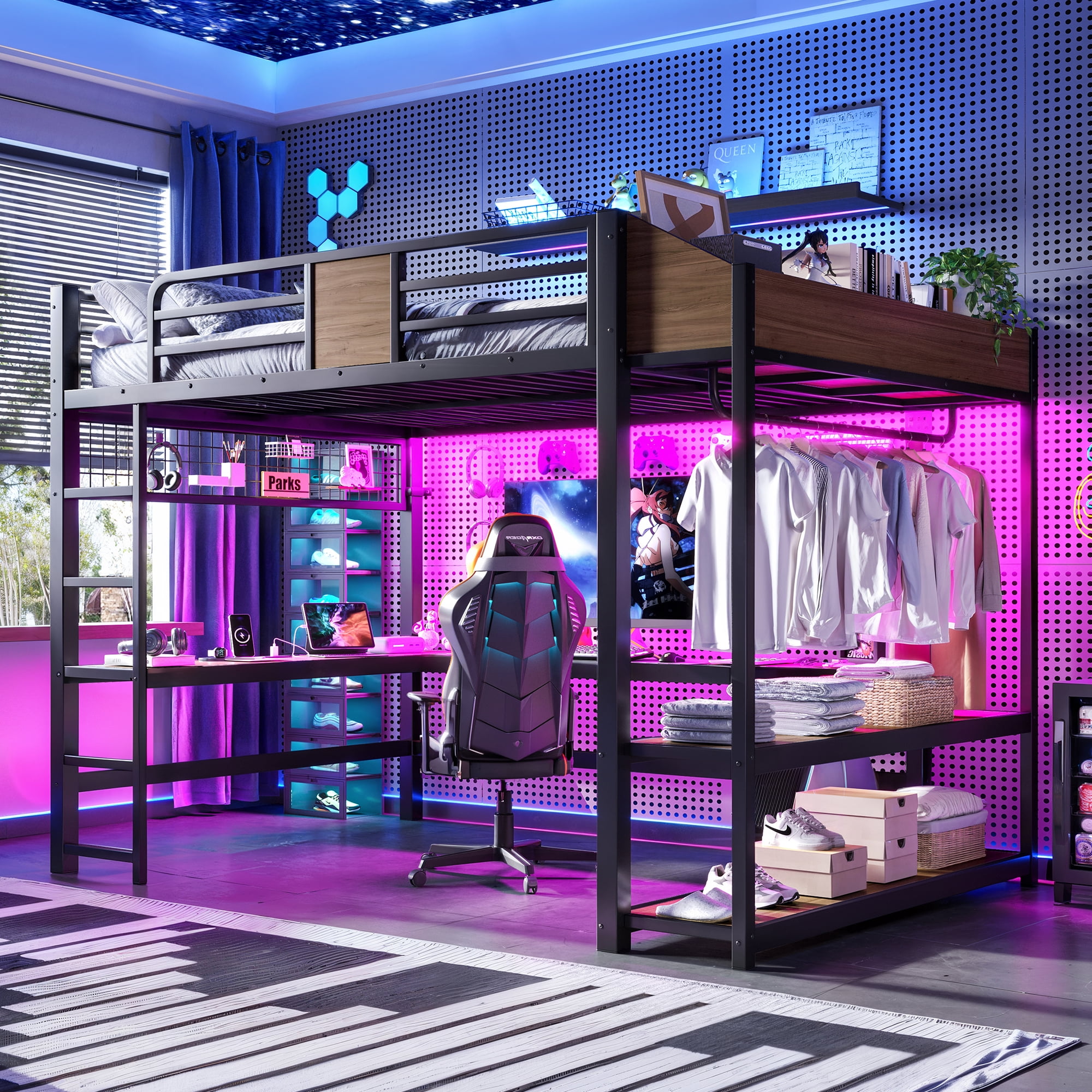 Mintazer Queen Metal Loft Bed with L-Shaped Desk & LED Light Strip, Loft Bed Frame with Charging Station and Clothes Hanging Rod & Storage Shelves for Teen Adult Small Apartment Dorm, Black & Walnut