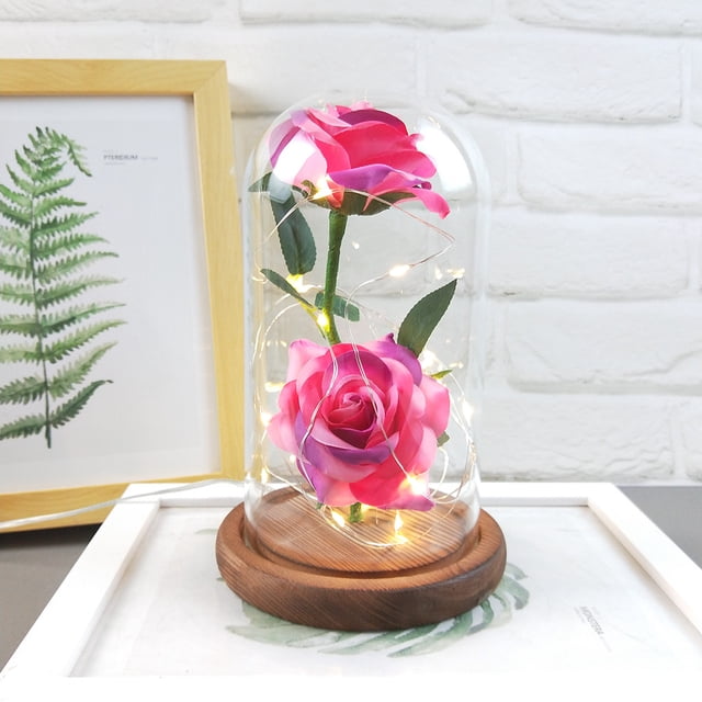 Fiudx Rosa Romántica de Cristal, Vidrio de Borosilicato Alto, Luces Led Alimentadas Por Usb, Base de Madera de Pino, Decoración para Bodas, Regalo Festivo, Ambiente Elegante, Tamaño 5.71X5.71X9.06 Pu