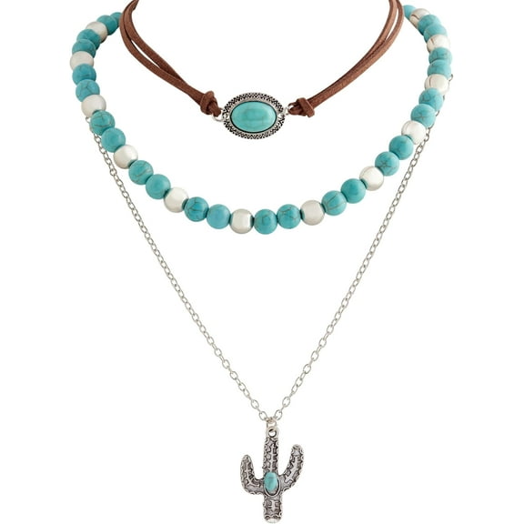 Retro Created Turquoise Sweater Chain Choker Necklace Set, Beaded Ethnic Style, Cactus Pendant, Gift Jewelry for Women