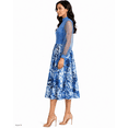 thumbnail image 3 of Plus Size Denim Floral Print Midi Dress, High Neck Mesh Sleeve Belted A-Line Dress with Front Slit & Pockets, 3 of 6