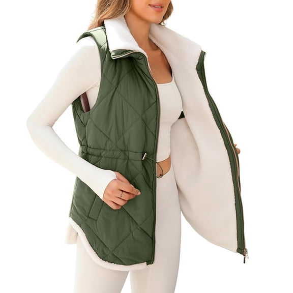 iOPQO Puffer Vest Women Quilted Jacket Lightweight Vests for Women Fleece Vest Womens Puffer Jacket Casual Outerwear Winter Coats for Women Dark Green L