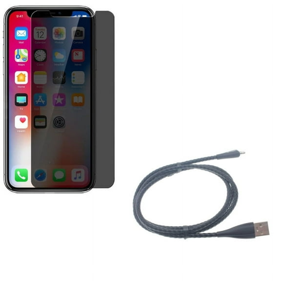 iPhone XS/X - Tempered Glass Privacy Screen Protector w 3ft Metal USB Cable - Curved Anti-Spy Anti-Peep 3D Edge Case Friendly, Charger Cord Power Wire Braided Sync Fast Charge