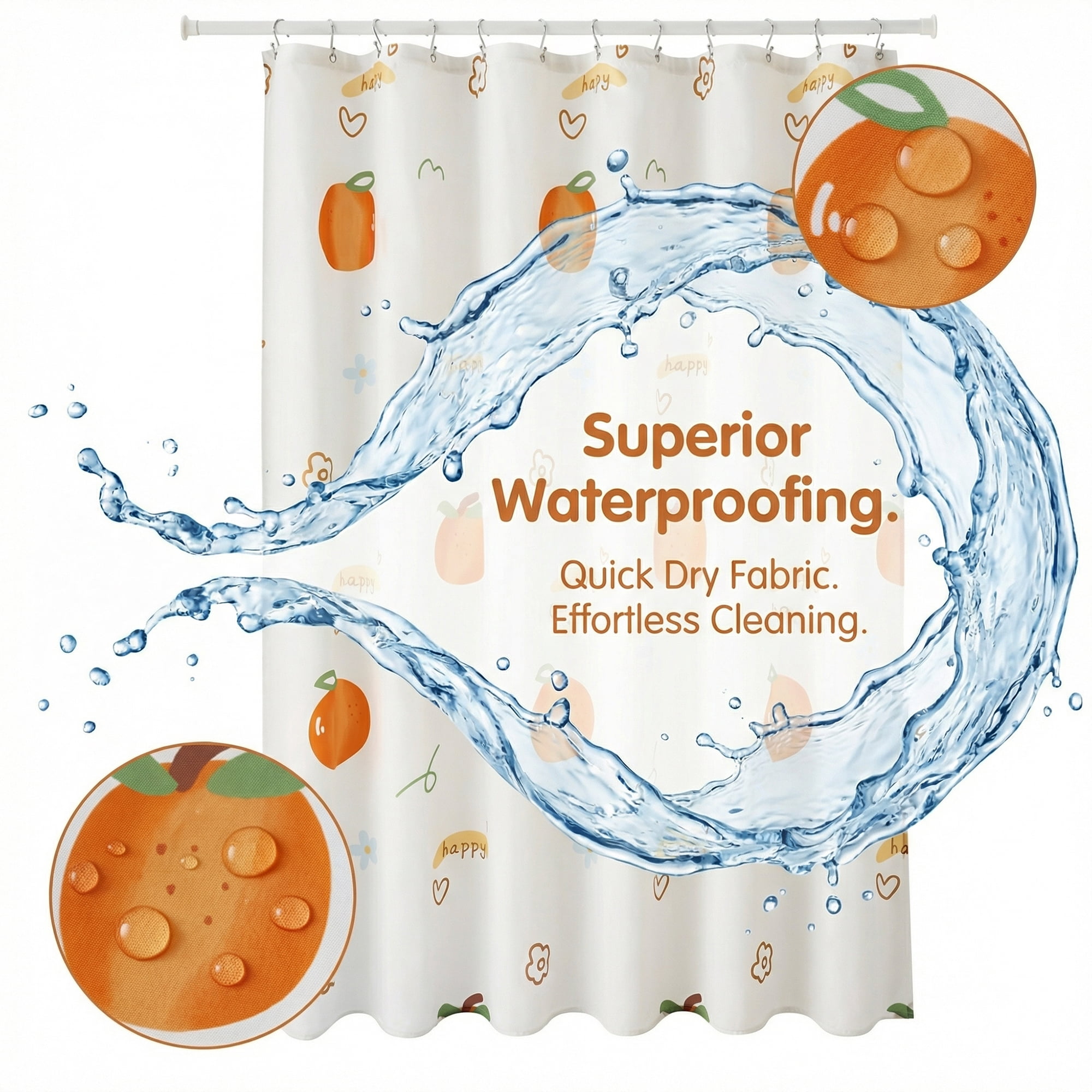 Unique Bargains Water-Resistant Printed Shower Curtain with 12 Hooks Orange 71"W x 71"L