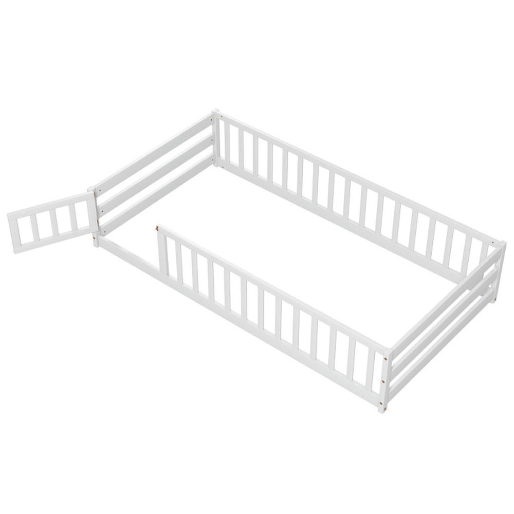 GVN Twin Size Kids Wood Montessori Floor Bed with Door and Fence-White, Baby Bed for Sleeping and Sleepovers GVN Twin Size Kids Wood Montessori Floor Bed with Door and Fence-White, Baby Bed for Sleeping and Sleepovers