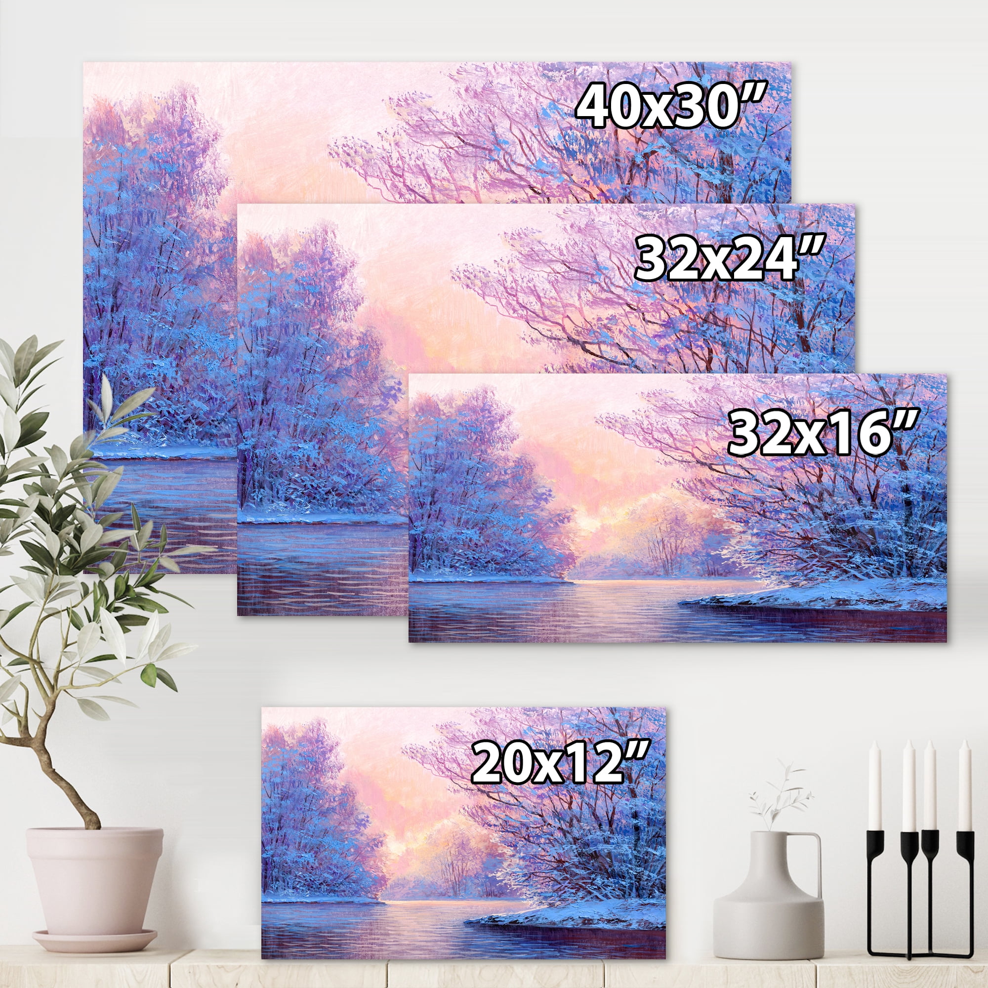Designart ' The River Original With Winter Landscape ' Lake House Canvas Wall Art Print