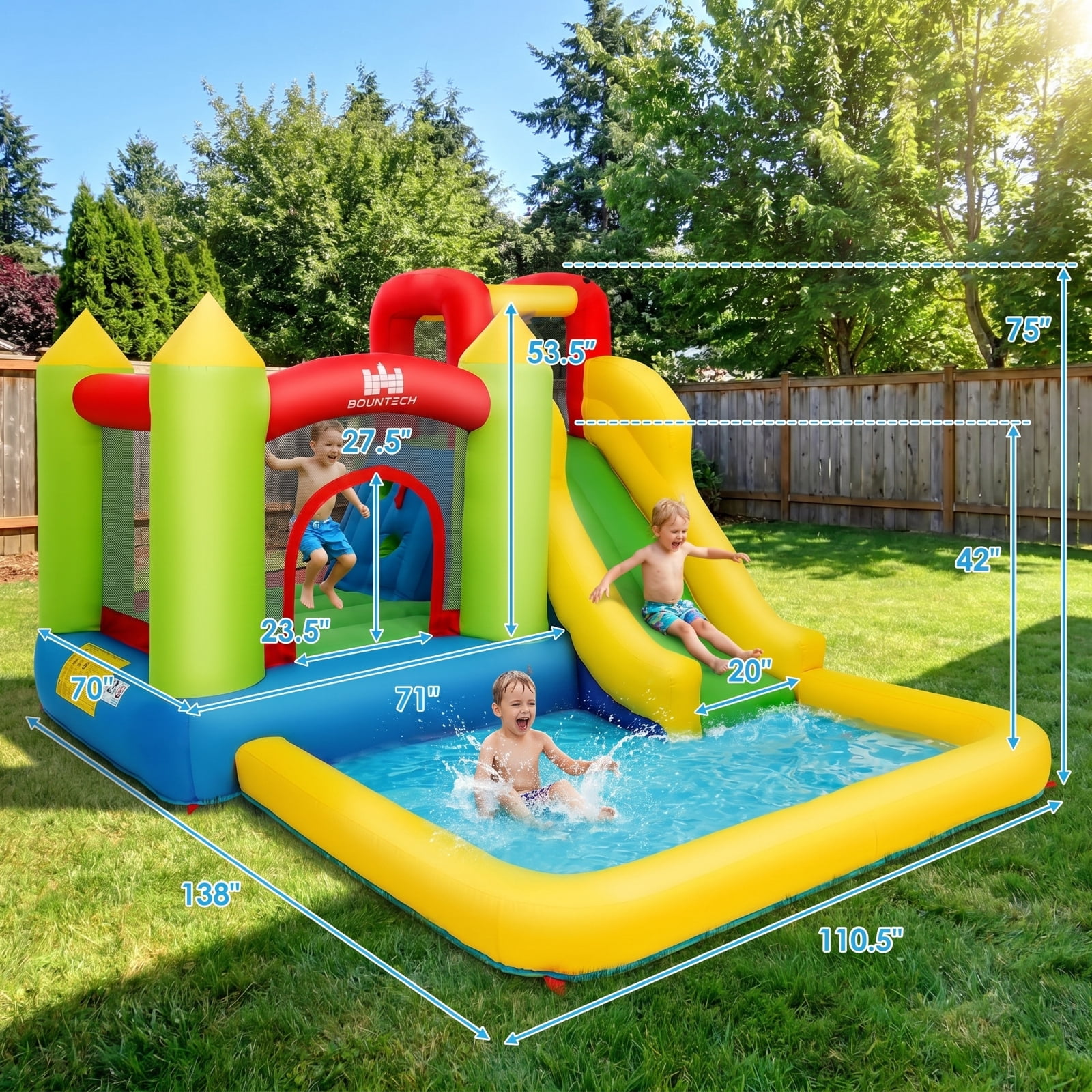 Airfind Outdoor Inflatable Bounce House with 480W Blower, Long Water Slide, Climbing Wall & Splash Pool, 138"x110"x75" Wet & Dry Combo for Kids 3-10