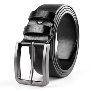 Maikun Men's Leather Belt, Black, Silver Buckle
