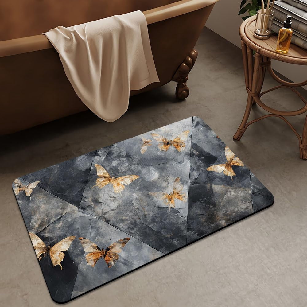 Bath Mat Rug,Black gray marble, golden butterfly Non Slip Quick Dry Super Absorbent Thin Bathroom Rugs Fit Under Door-Easy to clean Bathroom Floor Mats-Shower Rug for Shower Sink Bathtub(16" x 24"In)