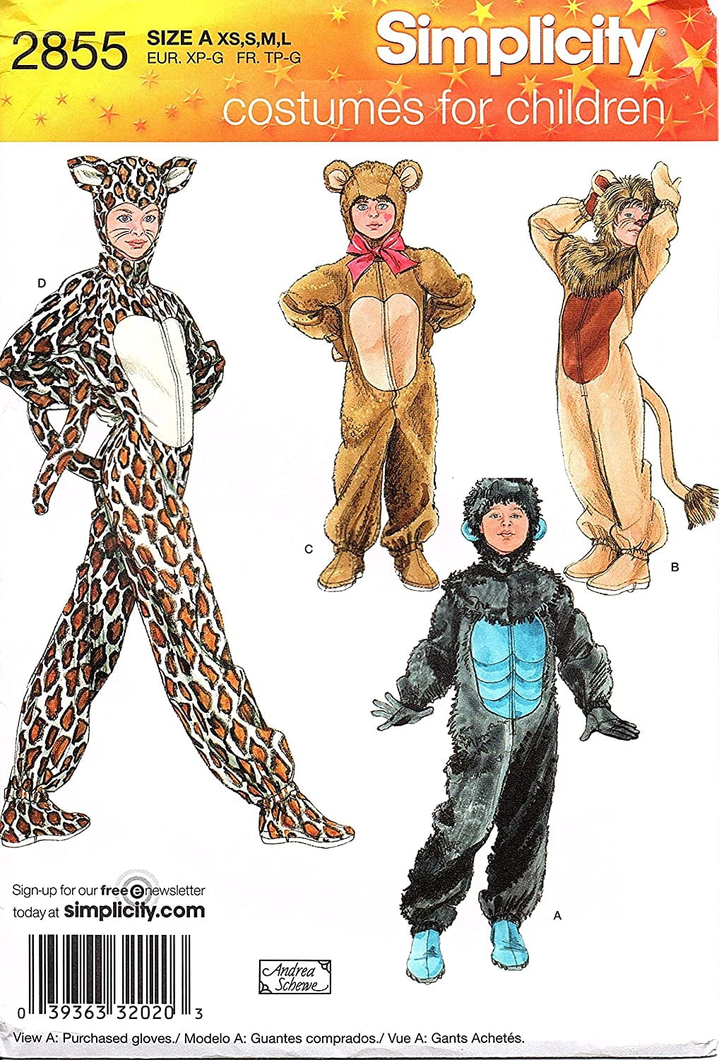 Bear Simplicity 2855 Leopard Gorilla and Lion Sewing Pattern for Boys and Girls Halloween Costumes Sizes XS-L 