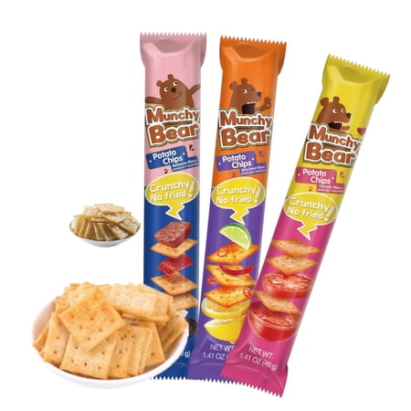 Munchy Bear Baked Savory Crackers–3 Flavor Variety Pack (Tomato,BBQ&Spicy Lemon) 9Packs Non-Fried Crispy Crackers Halal-Certified Healthy Snack for Home,Office &On-the-Go