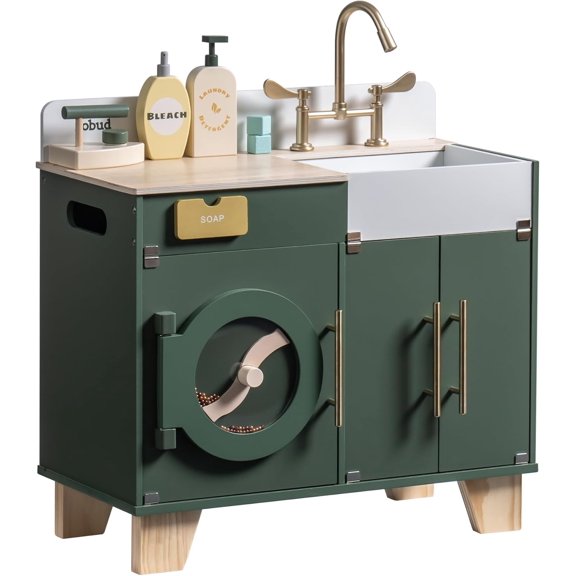 Robotime Wooden Play Kitchen Set Toy Washing Machine Washer and Dryer for Playset Pretend Play for Kids Boys Girls Age 3 ,Vintage Green