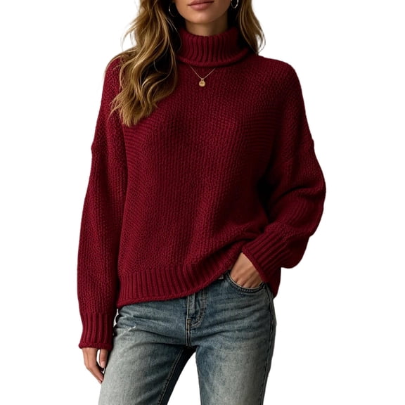XUNKUSGA Womens Turtleneck Sweater Classic Solid Color Chunky Knit Pullover Sweaters Loose Casual Long Sleeve Fall Winter Tops Soft Warm Cozy Sweaters for Women Daily Wear,Size S
