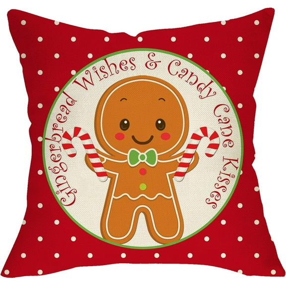 Christmas Gingerbread Man Wishes Candy Cane Kisses Throw Pillow Cover, Xmas Holiday Red White Polka Dots Home Decorations, Winter Seasonal Cushion Case for Sofa Couch Decors Cotton Linen 18 x 18