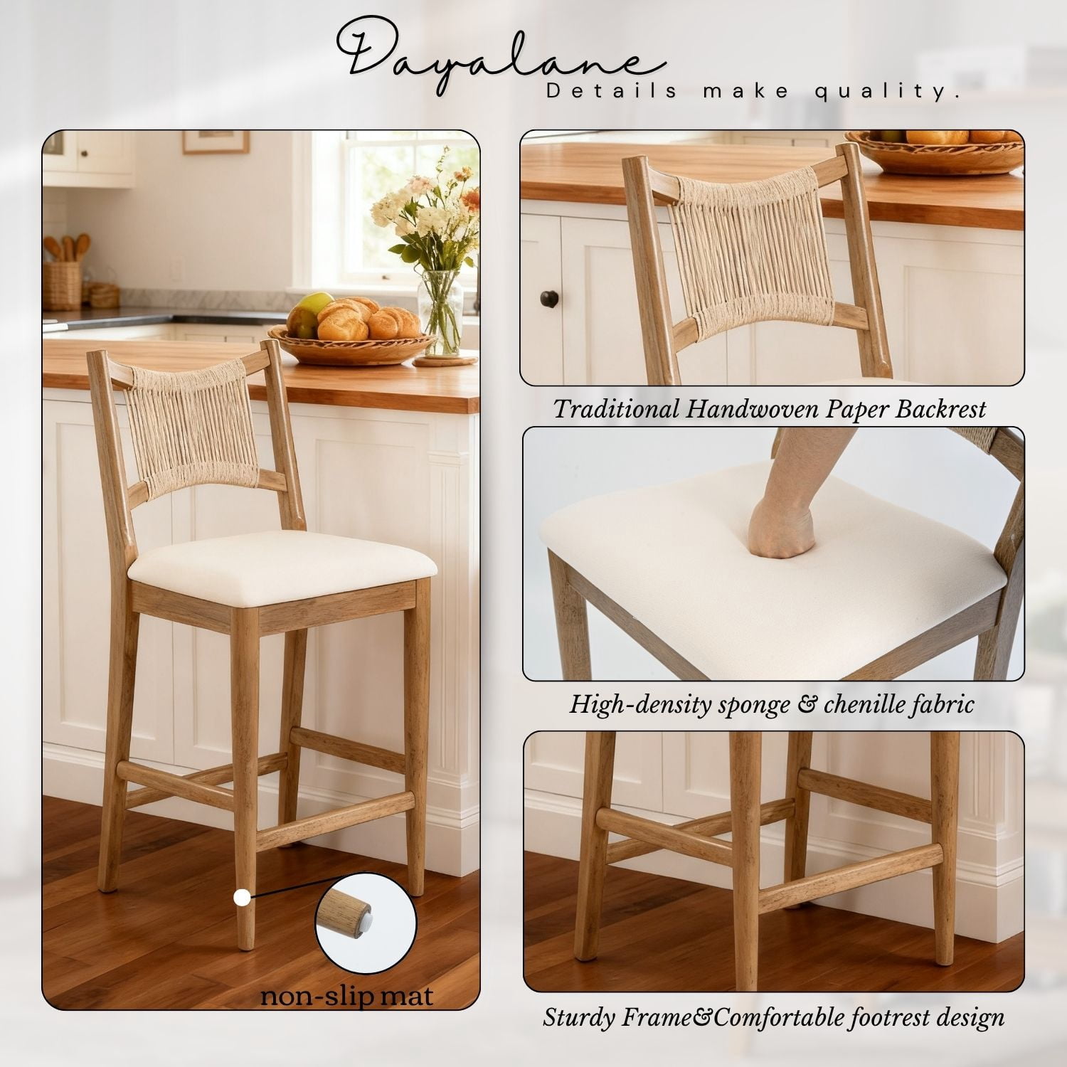 Dayalane Farmhouse Bar Stools Set of 6, 25.5" Counter Height Bar Stools with Paper Cord Woven Back and Solid Wood Frame, Chenille Upholstered Kitchen Island Chairs for Bar Restaurant Kitchen, Beige