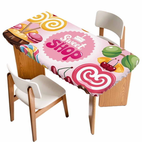 Sweet Shop Words Table Cloths for 3 Foot Rectangle Tables, Candyland Colorful Lollipop Potatoes Patio Waterproof Elastic Fitted Tablecloths, Washable Rectangular Table Cover for Camping